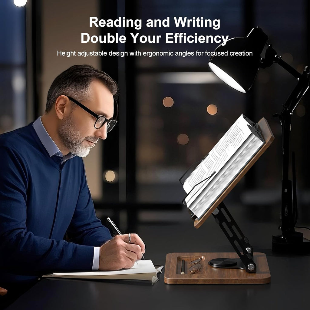 Book Stand for Reading, 360° Rotating Hands Free Book Holder, Adjustable Height and Angle, Page Clip for Cookbook, Recipe, Magazine, Laptop,Tablet, Foldable for Kitchen, Office, School