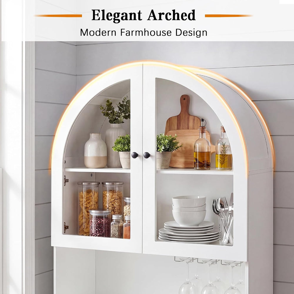 Polibi 75" Farmhouse Arched Pantry Cabinet with Charging Station, Adjust...