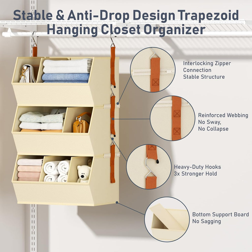 Hanging Closet Organizer Extra Large, Clothes Hanging Shelves for Closet with Divider, Collapsible Closet Storage System, Fabric Closet Hanging Organizer for Home, Dorm, Rv, ,Handbags, Underwear, Sock