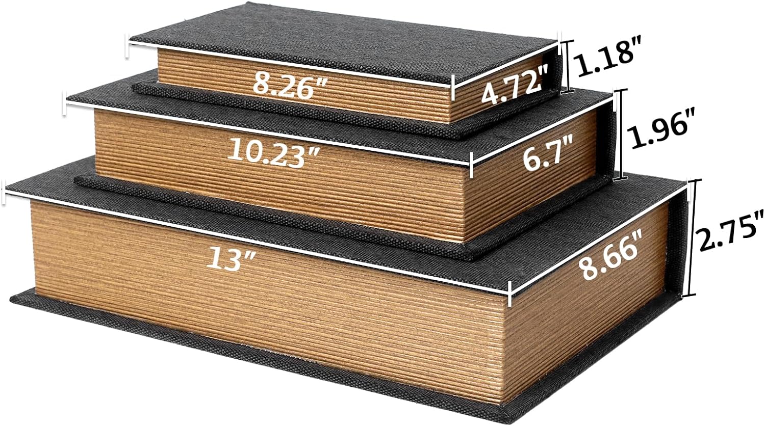 Modern Linen and Wood Decorative Faux Book Boxes Set of 3-13",10",8" - Black