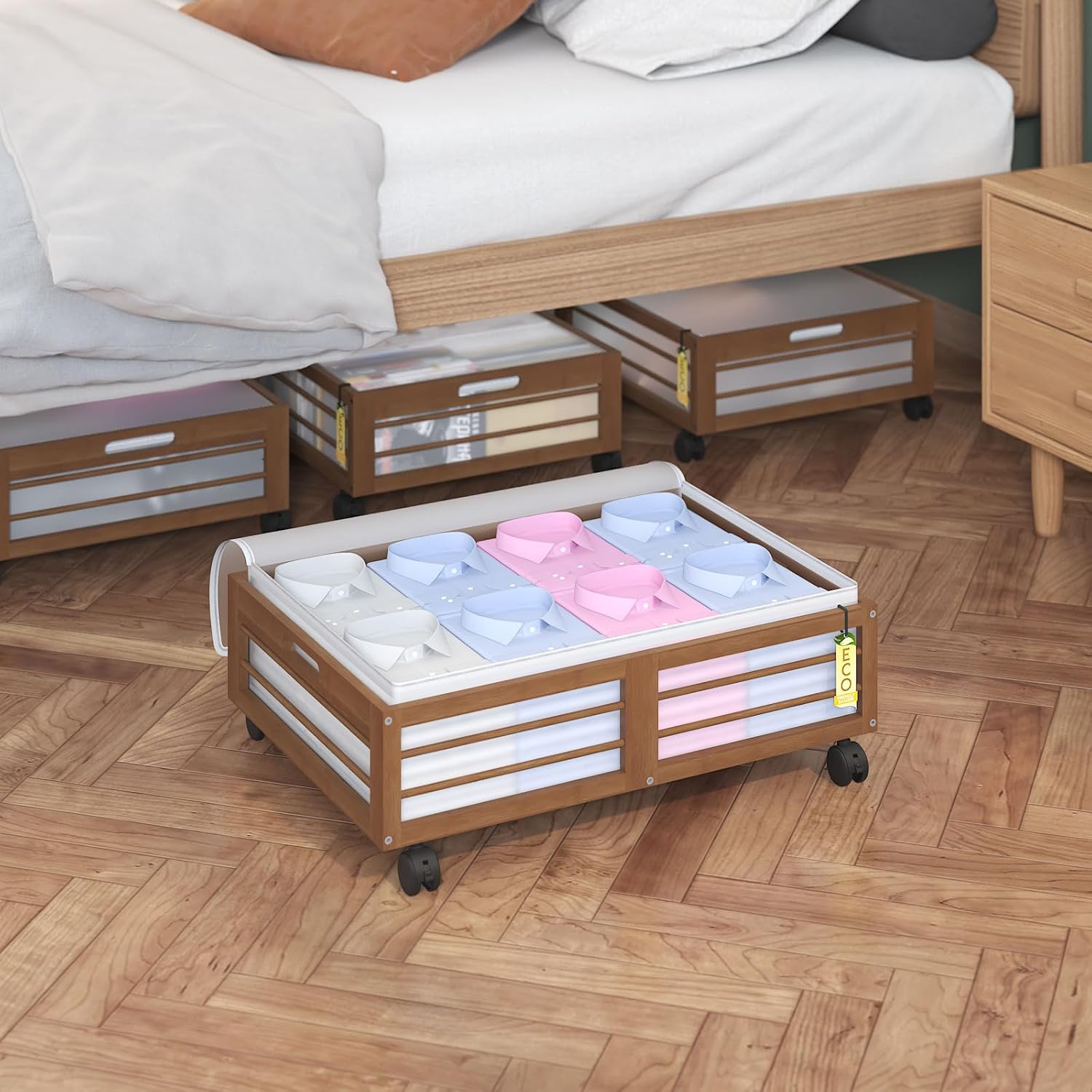 Bamboo Underbed Storage Containers with Wheels & Bag 2 Pack, Large Under Bed Rolling Storage Bins Wood Under Bed Clothes Storage Stackable Drawers for Bedroom Closet Under Crib Toy(Walnut)