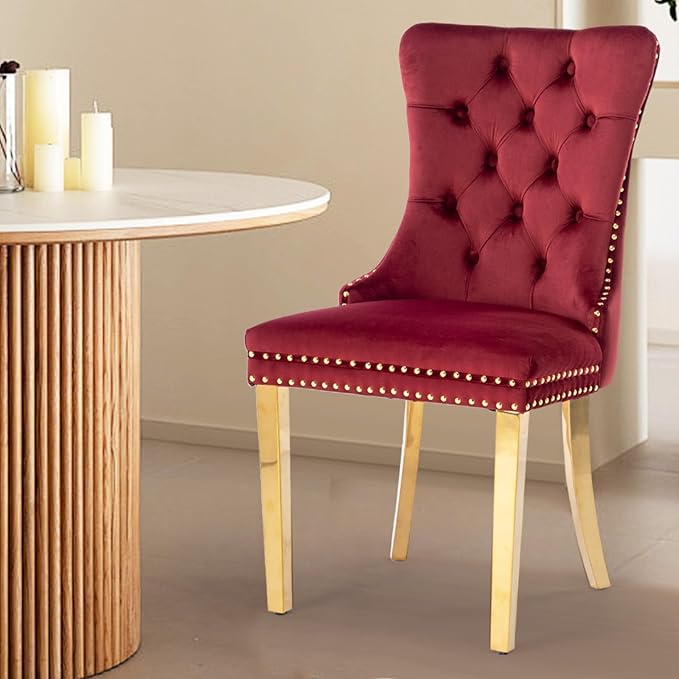 Velvet Upholstered Dining Chairs Set of 6, Modern Style Kitchen Side Chairs with Nailhead Trim and Gold Plated Leg, Metal Pulling Ring for Dining Room Living Room(Wine Red-Gold Plated Leg)