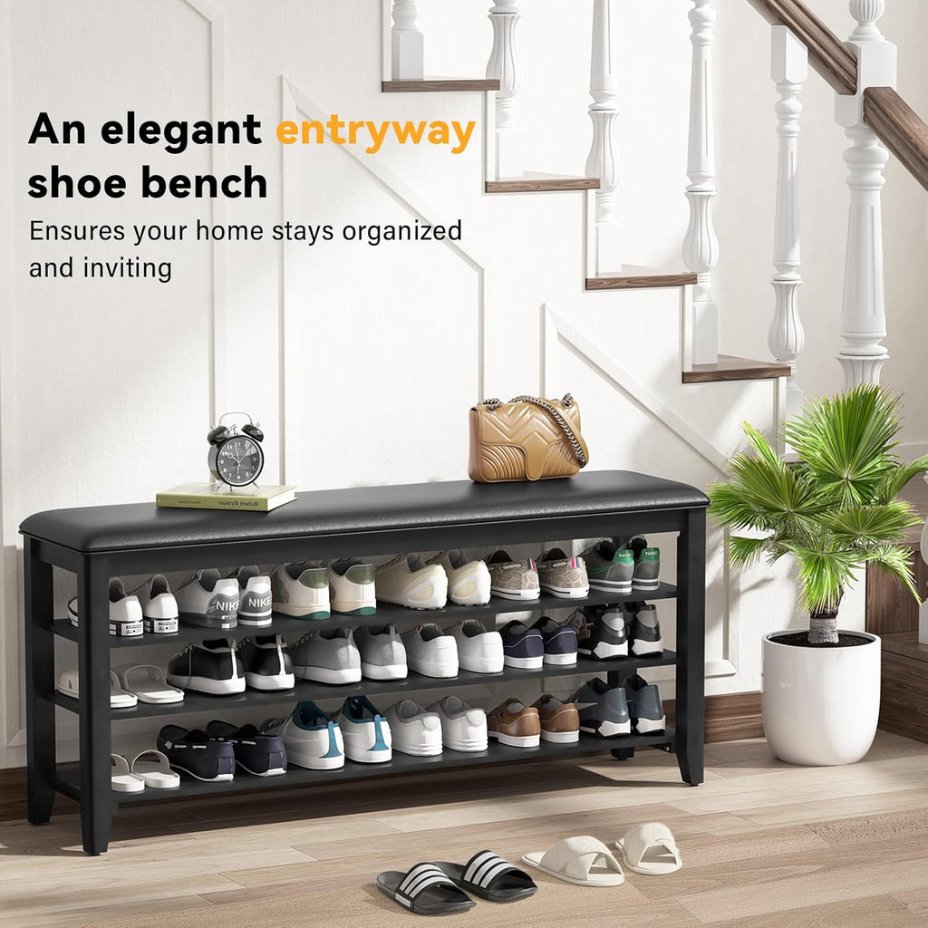 Taitiy Shoe Bench with 3 Tier Adjustable Shelves Rubberwood Entryway 47.2'' | Hallway organizer, solid wood design, removable shelves, space saving storage, perfect for front doors, family spaces
