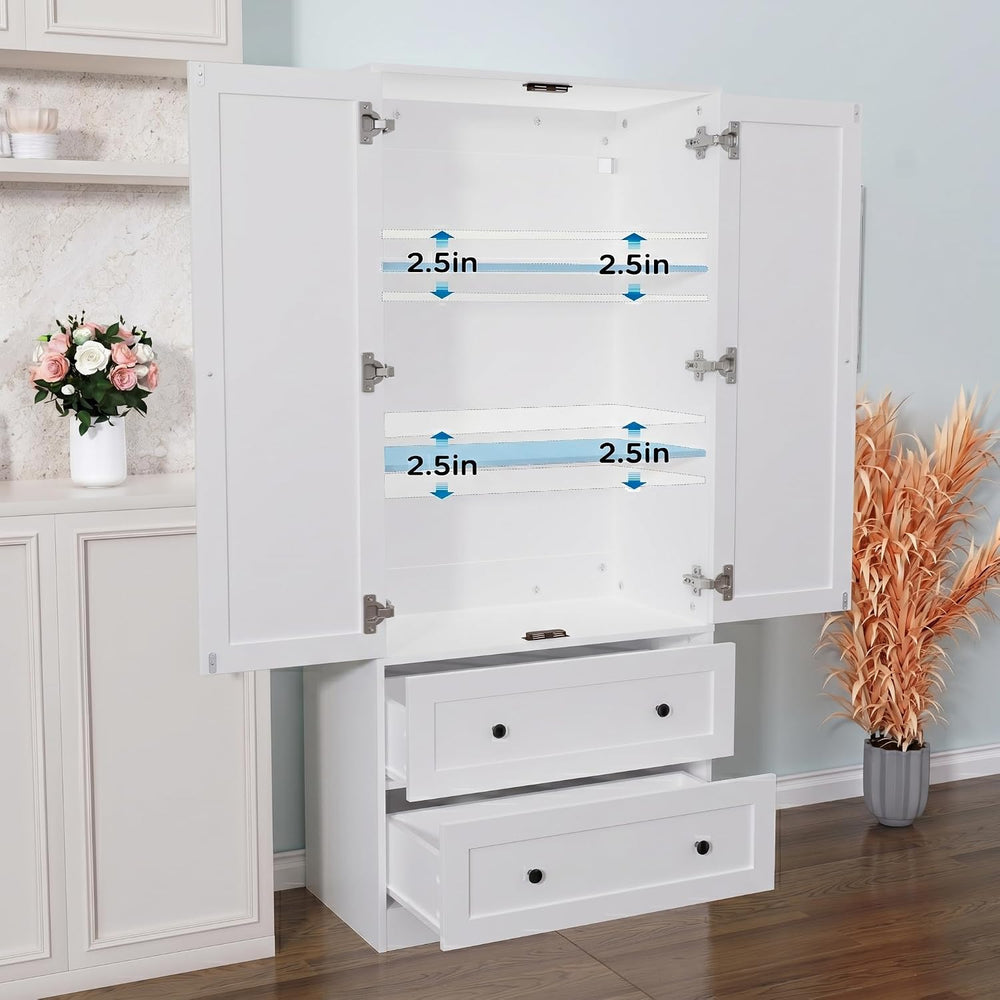 DIYART 64.2" Tall White Kitchen Pantry, Storage Cabinet with Doors and D...
