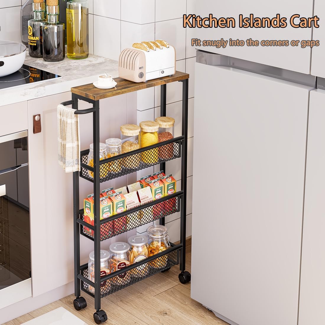 Slim Rolling Cart 4 Tier Narrow Storage Cart on Wheels with MDF Board Top and Metal Handle for Small Space Kitchen Living Room Home Office Pantry Bathroom Laundry Room(16.54×5.12×30.31 inch)