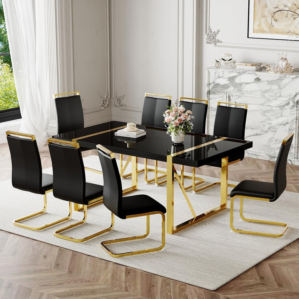 71" Modern Dining Table Set for 8, Black Dining Table Set for 8, Black W...