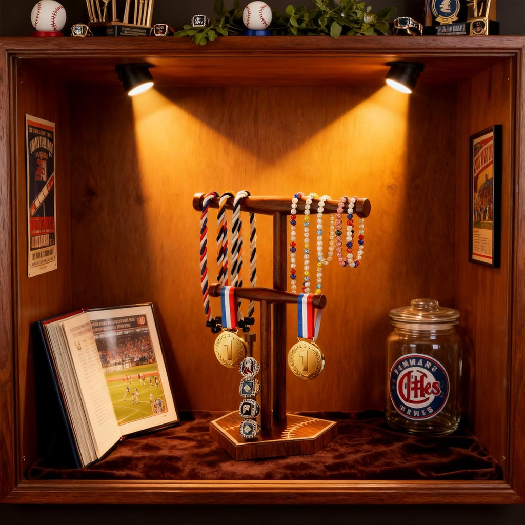 Wooden Baseball & Softball Drip Necklace Holder, Championship Ring Display Stand, Baseball Ring Holder Organizer for Players & Fans, Baseball Lifestyle Gift for Boys, Girls & Coaches