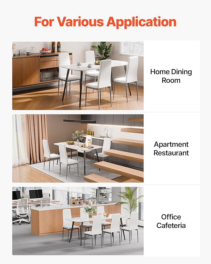 VEVOR Modern Dining Room Accent Chairs Set of 6, Upholstered Leather Side Chair for Living Room, Space-Saving Kitchen Chair with Thick Cushions and Metal Legs, White