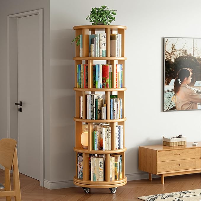 Wood Rotating Bookshelf on Wheels, 360-Degree Space Saving Bookcase, Large Capacity Spinning Bookshelf Tower for Living Room,Bedroom and Corners (Nature-5 Layers)