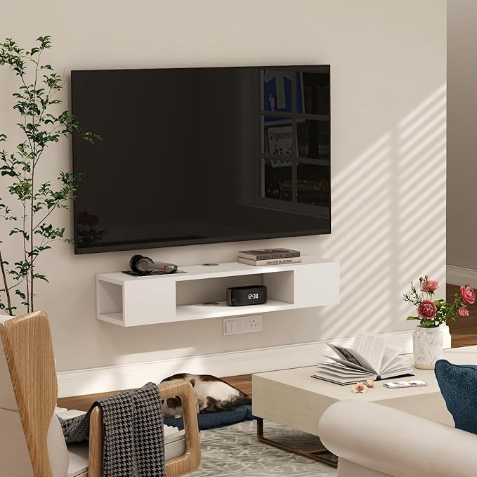 GHC Floating TV Stand, Wall Mounted Entertainment Center and Cabinet Shelf, Media Console for DVD Player, Space-Saving Under TV Shelf for Bedroom, Living Room (White)