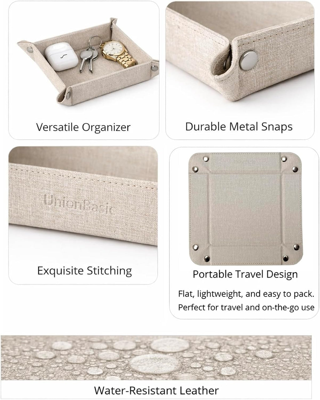 UnionBasic Small Valet Tray, Jewelry Tray for Rings Watches Earrings, Entryway Catchall Caddy for Coins Keys Change, Nightstand Bedside Valet Holder, Trays for Electronic Gadgets, Beige