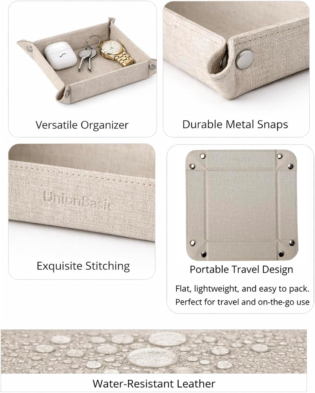 UnionBasic Small Valet Tray, Jewelry Tray for Rings Watches Earrings, Entryway Catchall Caddy for Coins Keys Change, Nightstand Bedside Valet Holder, Trays for Electronic Gadgets, Beige