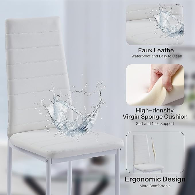 PU Dining Chairs Set of 4, Modern Kitchen & Dining Room Chairs Faux Leather Upholstered Dinner Chairs with Metal Legs for Small Space (White, Horizontal line)