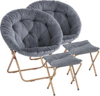 Magshion Folding Saucer Chair for Adults with Ottoman, Circle Reading Chair for Bedroom, Living Room & Dorm, Furry Comfy Accent Seat with Metal Leg & Thick Padded for Small Spaces (Grey, 2 Pack)