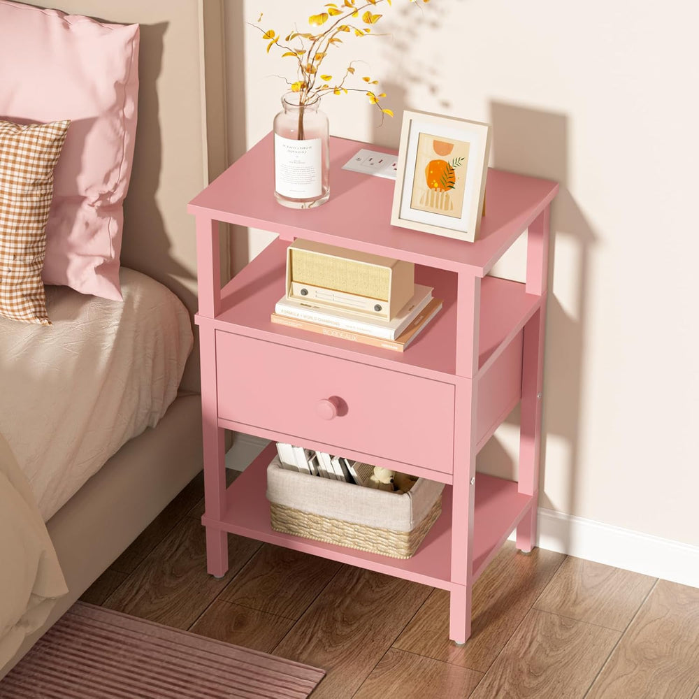 Lerliuo Nightstand with Charging Station and USB Ports, 3-Tier Storage Pink E...