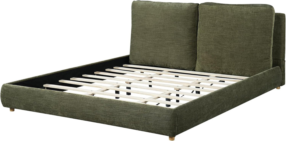 Merax King Linen Blend Platform Bed with 2 Headboard Pillows, Olive Green
