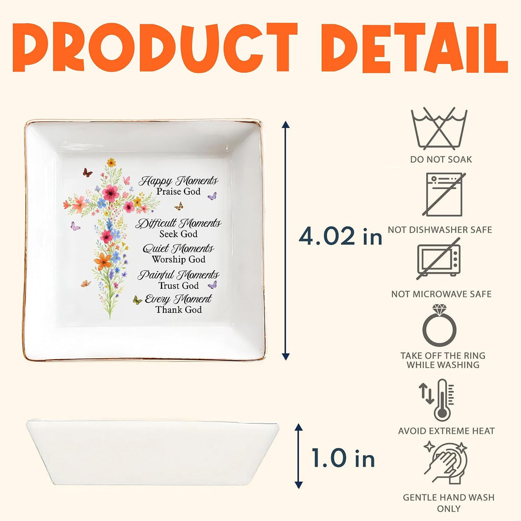 Christian Gifts for Women, Faith Inspirational Gifts - Floral Cross 4" Jewelry Dish, Religious Gift for Mom, Sister, Daughter, Friends - Catholic Bible Verse, Communion, Confirmation Gift for Her