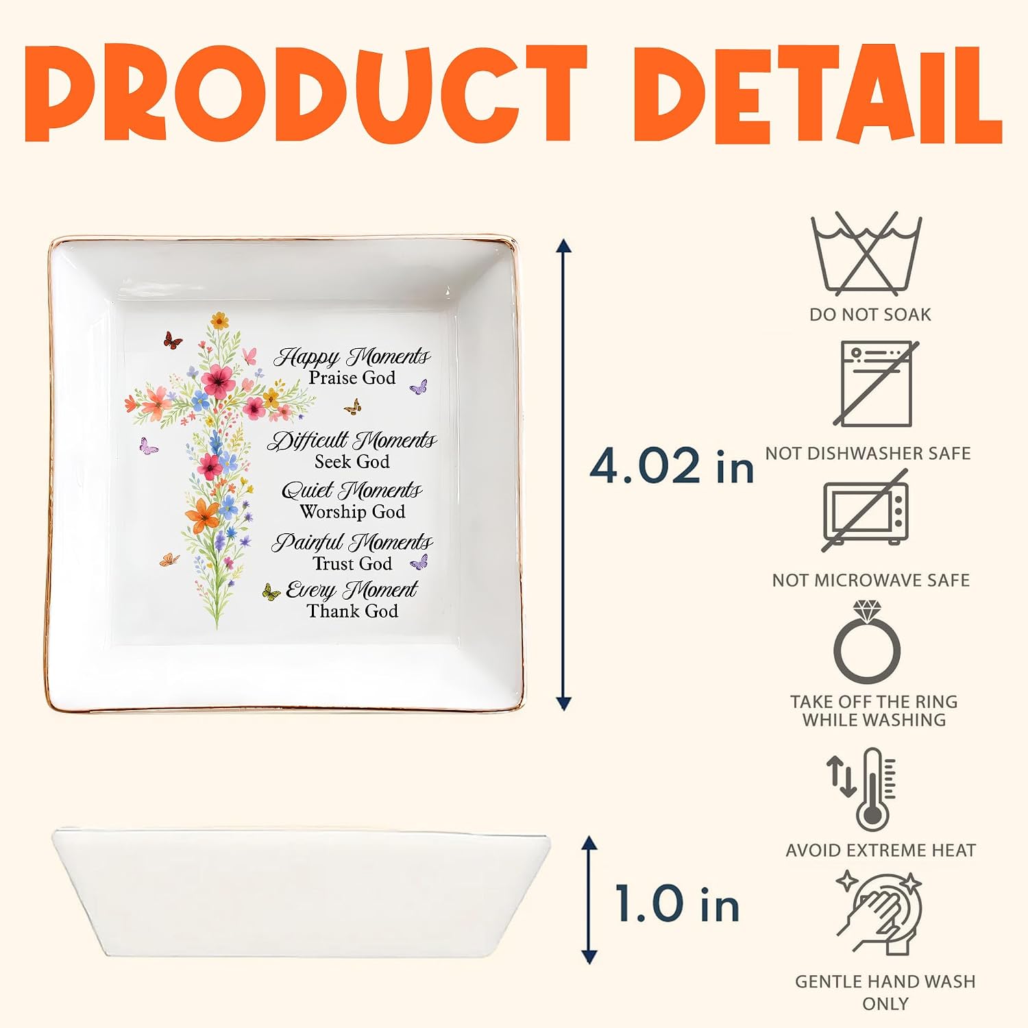 Christian Gifts for Women, Faith Inspirational Gifts - Floral Cross 4" Jewelry Dish, Religious Gift for Mom, Sister, Daughter, Friends - Catholic Bible Verse, Communion, Confirmation Gift for Her