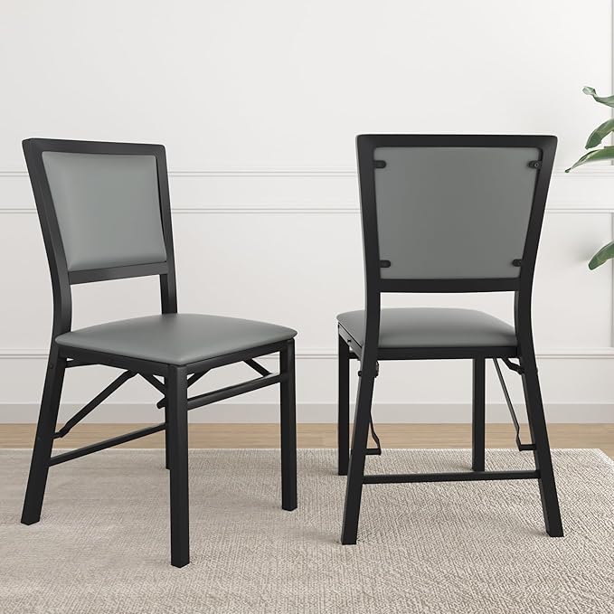 VECELO Folding Chairs Set of 2 with Cushion, Foldable Padded Seats with Heavy Duty Metal Frame for Kitchen/Dining/Living Room, No Assembly & Space Saving Design, Grey