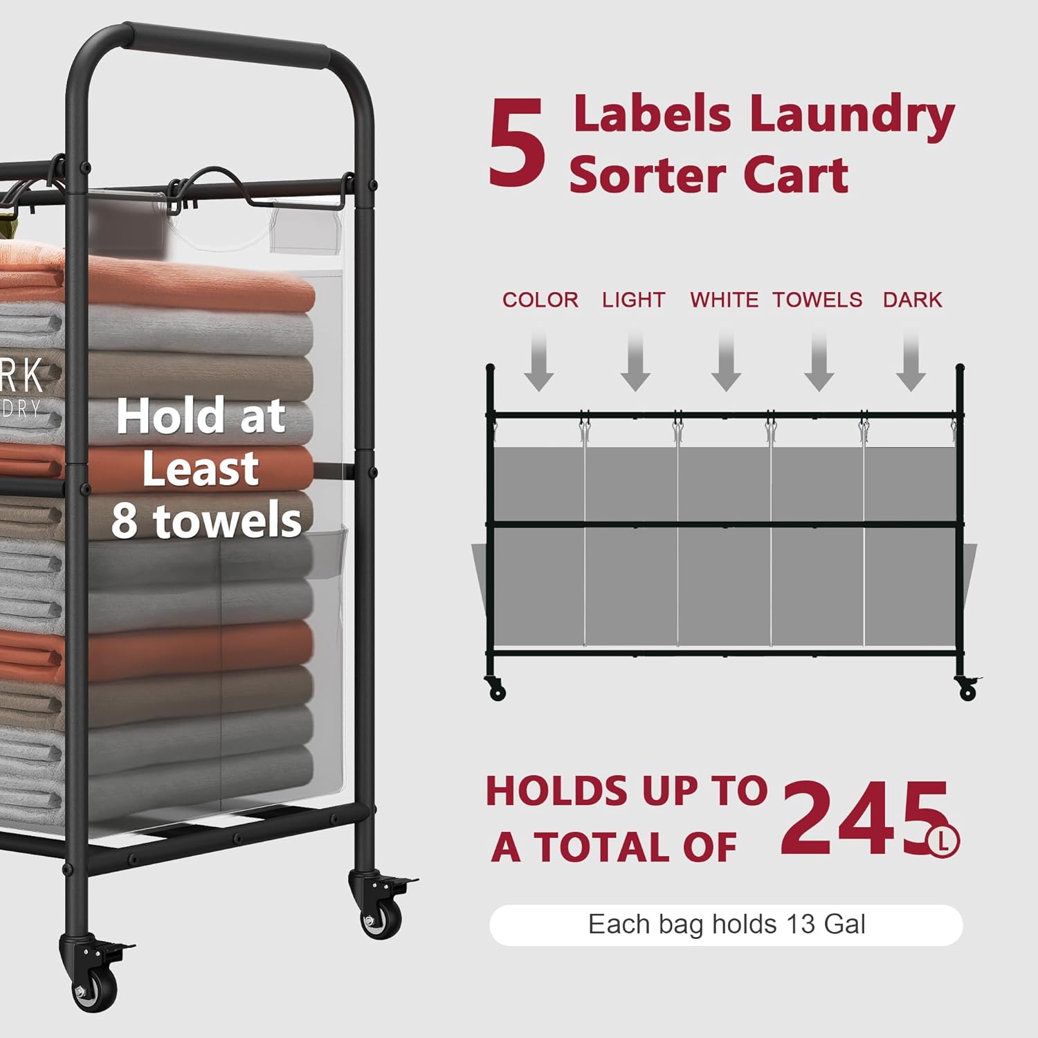Tajsoon Laundry Sorter, Laundry Hamper 5 Section with Heavy Duty Rolling Lockable Wheels, Laundry Basket Organizer with Removable Bags for Dirty Clothes Storage, Grey