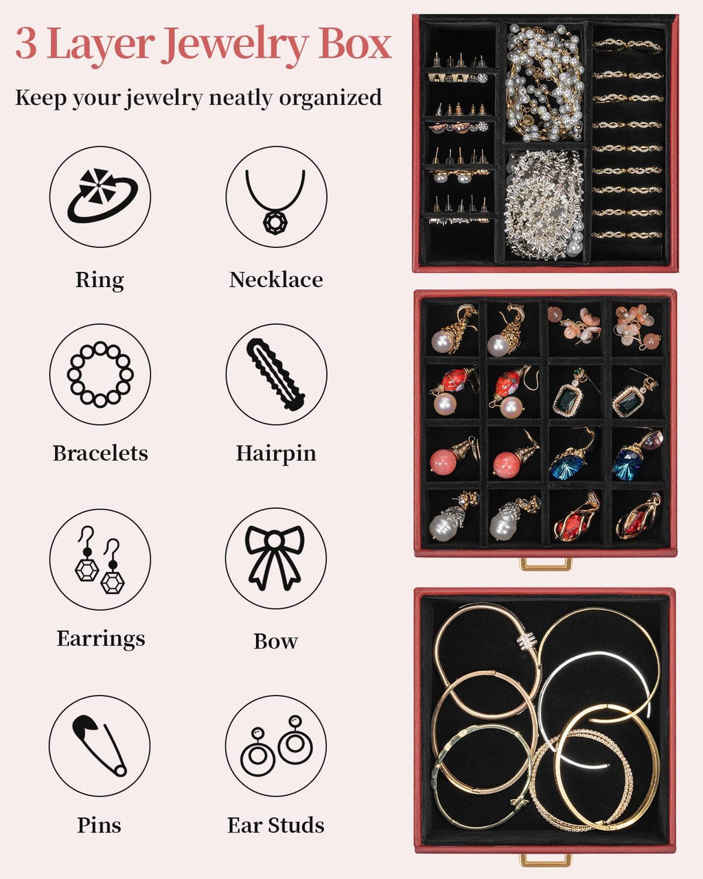 TORIBIO Jewelry Box for Women, Leather Jewelry Organizer with Mirror & Lock, 3-Tier Jewelry Storage Organizer with 2 Drawers for Girls/Women/Mothers, Necklace Earring Bracelets Holder Organizer