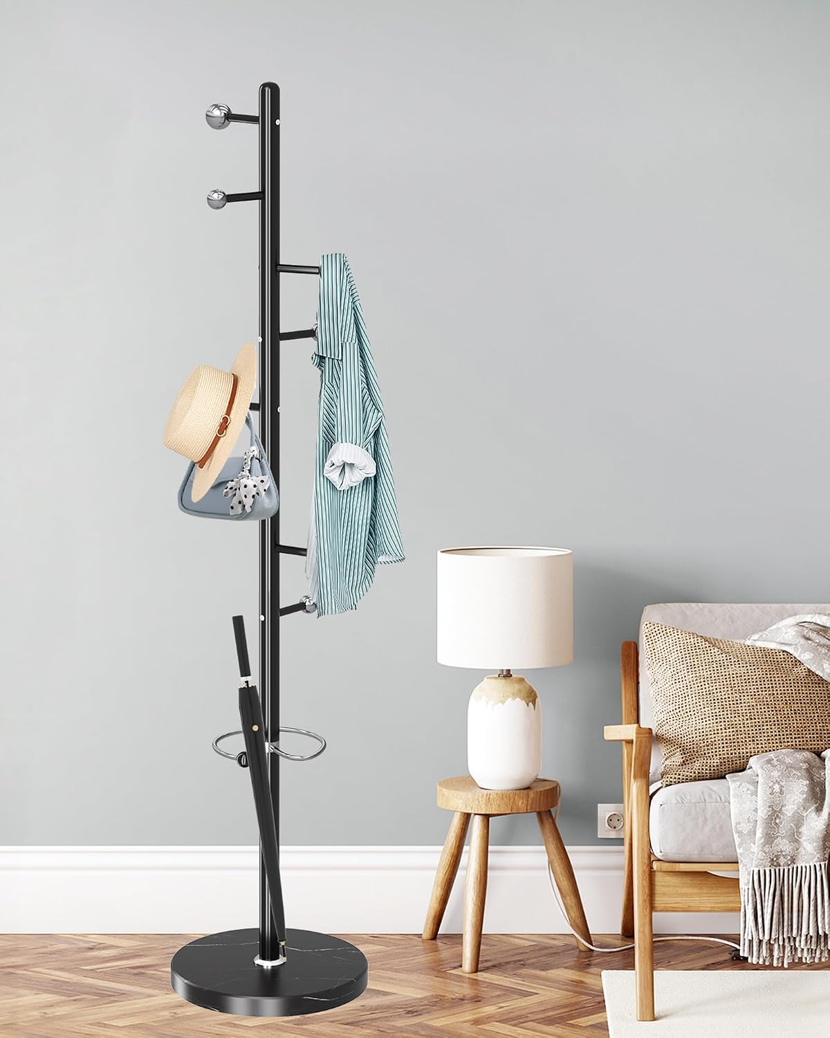 ZOZOE Metal Coat Rack Stand, Modern Coat Rack Freestanding with Natural Marble Base, Sturdy Industrial Coat Racks with 8 Hooks & Umbrella Holder,Black Coat Tree Hanger Stand for Entryway,Office