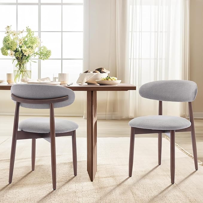 COLAMY Wooden Dining Chairs Set of 6, Modern Fabric Upholstered Dining Room Chair, Farmhouse Kitchen Chair with Foot Pegs, Light Grey