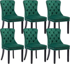 KCC Velvet Dining Chairs Set of 6, Upholstered High-end Tufted Dining Room Chair with Nailhead Back Ring Pull Trim Solid Wood Legs, Nikki Collection Modern Style for Kitchen, Green