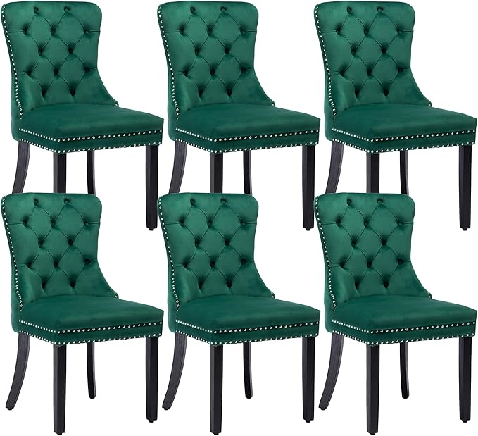 KCC Velvet Dining Chairs Set of 6, Upholstered High-end Tufted Dining Room Chair with Nailhead Back Ring Pull Trim Solid Wood Legs, Nikki Collection Modern Style for Kitchen, Green
