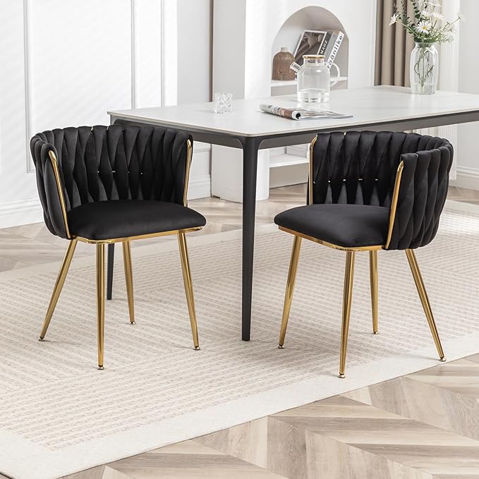 Velvet Dining Chairs Set of 2, Modern Upholstered Woven Dining Chairs with Gold Metal Legs, Modern Accent Chairs for Dining Room, Vanity, Kitchen, Living Room(Black)