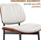 Dining Chairs Set of 8, Mid-Century Modern Upholstered PU Leather Chairs with Walnut Bentwood Back and Metal Legs Adjustable Feet for Kitchen Dining Room, Off-White Shell Strips