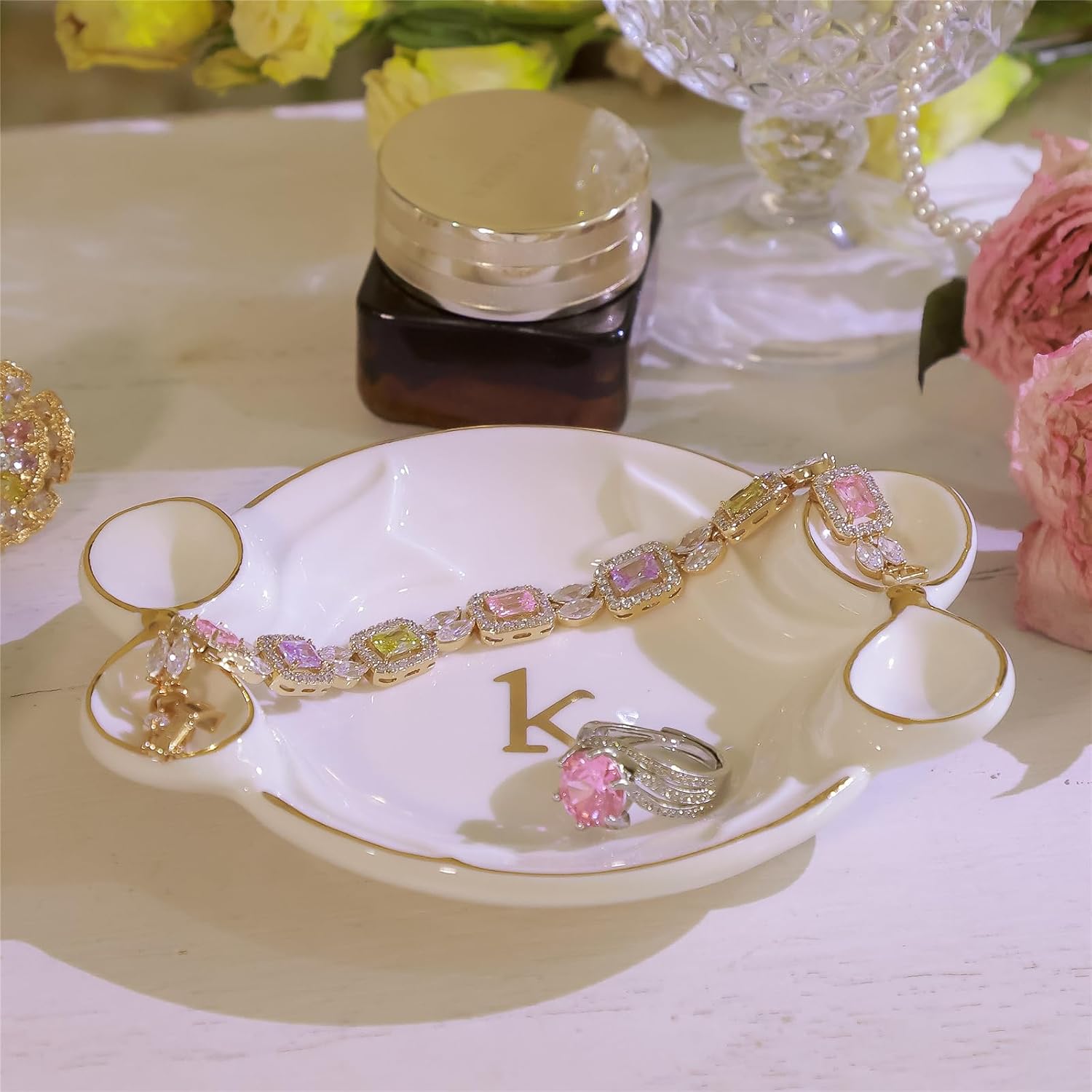 Ceramic Jewelry Tray, Exquisite Handmade Initial Ring Dish with Double Bow Design, Perfect for Organizing Rings Earrings Necklaces Keys, Gifts for Women on Birthday Mother's Day Christmas