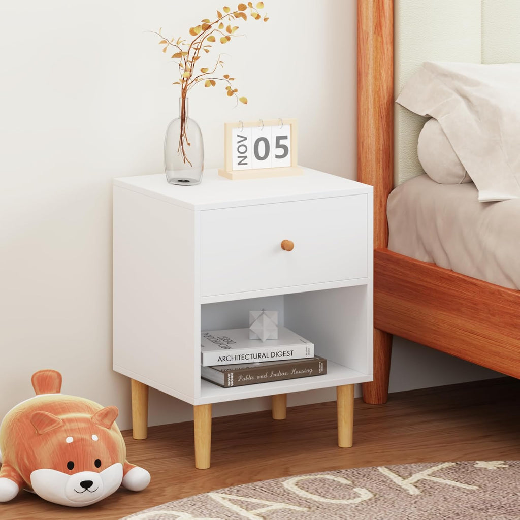 Kids Nightstand, Modern Night Stand with One Drawer and Open Storage Shelf, Wooden Bedside Table, End Table for Living Room, Bedroom, Toddler Nightstand for Boys and Girls, White
