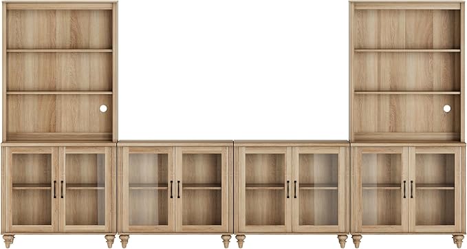 WAMPAT Entertainment Center with Bookshelves for TVs up to 75", Farmhouse Wall Unit TV Stand with Glass Doors, Media Console Table for Living Room, Bedroom & Home Theater, Oak