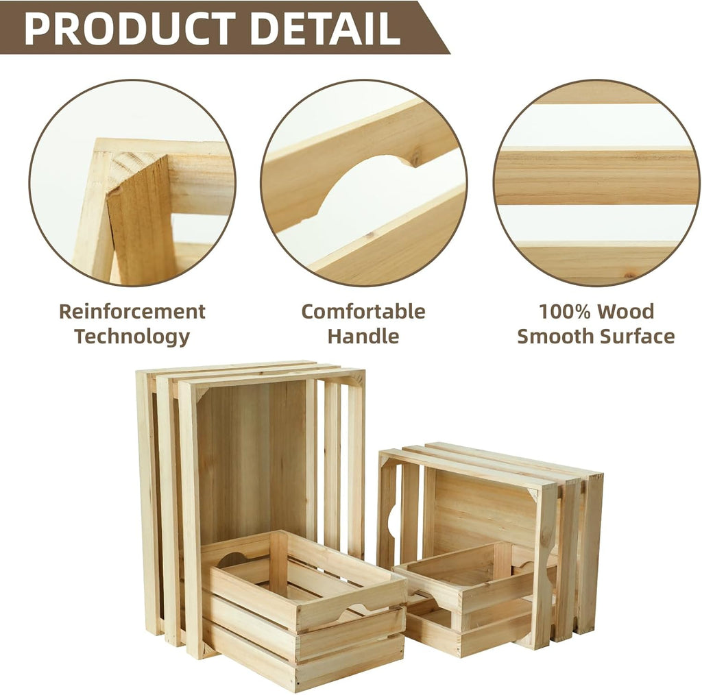 Large Wooden Crates Unfinished Set of 4 Storage Crates, Decorative Wood Storage Crate for Display Rustic, Nesting Wooden Container Boxes Made from 100% Wood