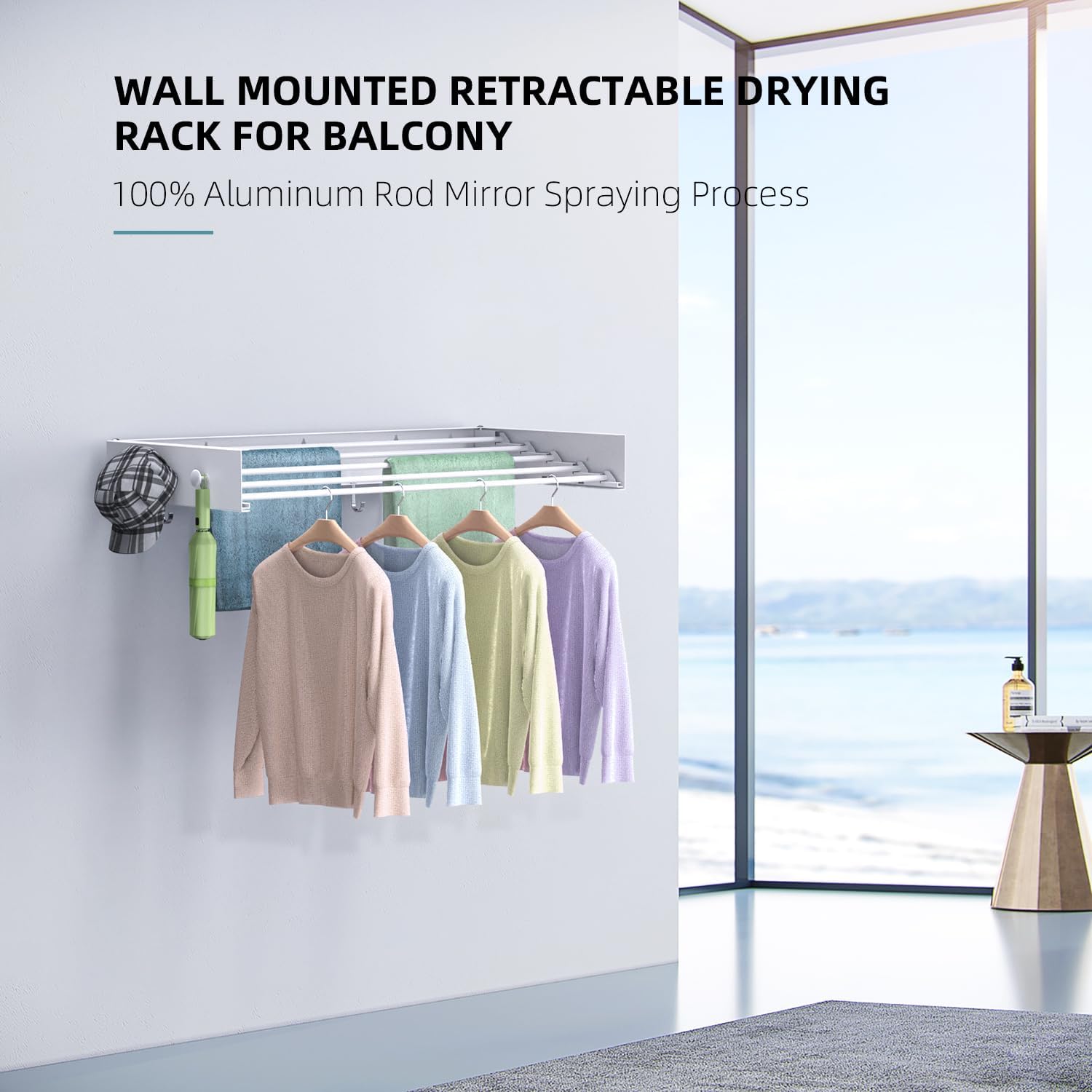 Drying Rack Clothing,Clothes Drying Rack Wall Mounted,Laundry Drying Rack Wall Mount,Foldable,Collapsible,60 lb Capacity 5 Aluminium Poles with 12 Hooks,Space Saving Clothes Drying Rack,White 40"