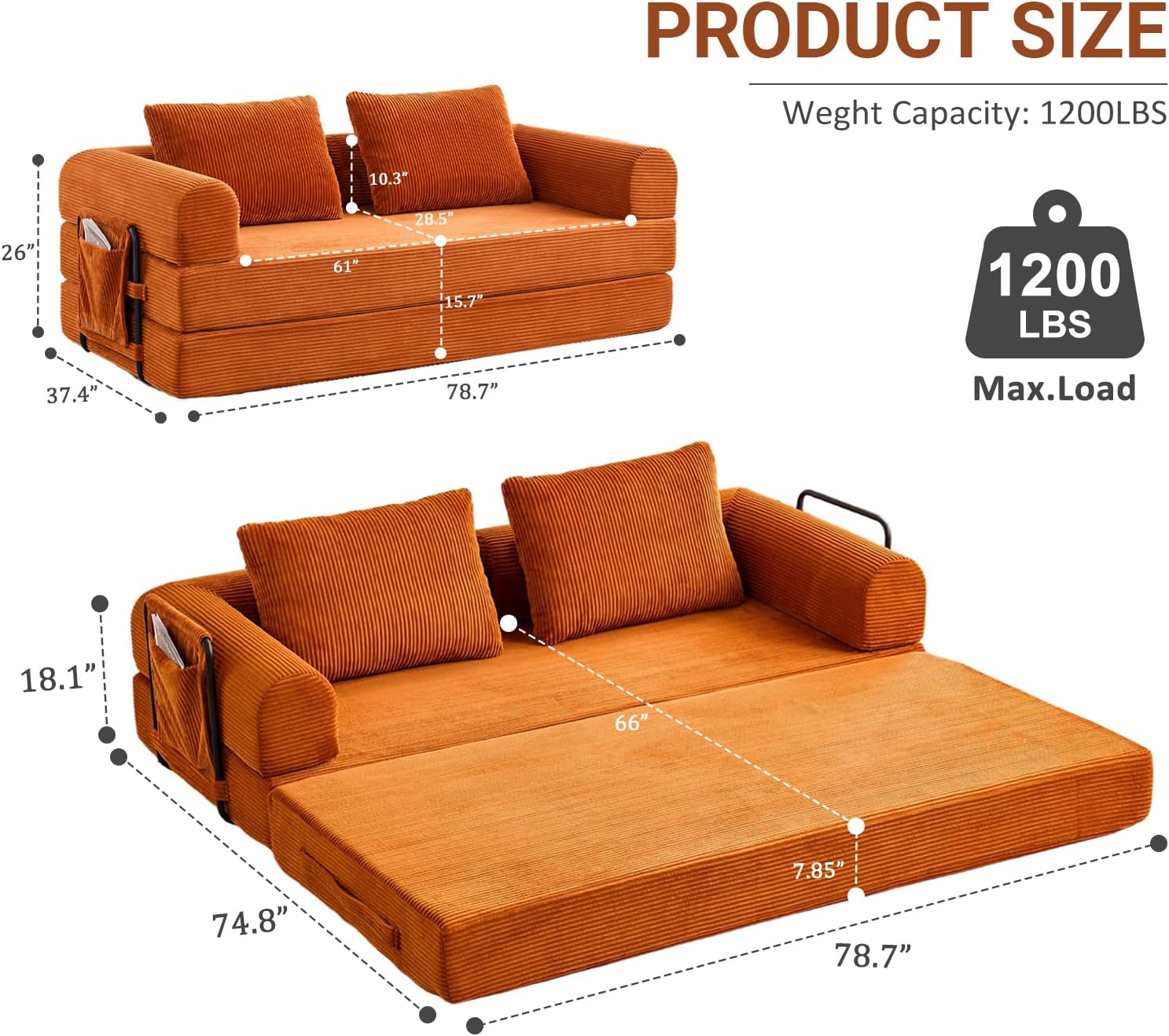 79" Convertible Sofa Bed, 5-in-1Boneless Couch for Living Room with 2 Pillows Corduroy Folding Sleeper Sofa Bed, Boneless Cloud Loveseat Futon Sofa Bed for Living Room Bedroom Lounge, Orange