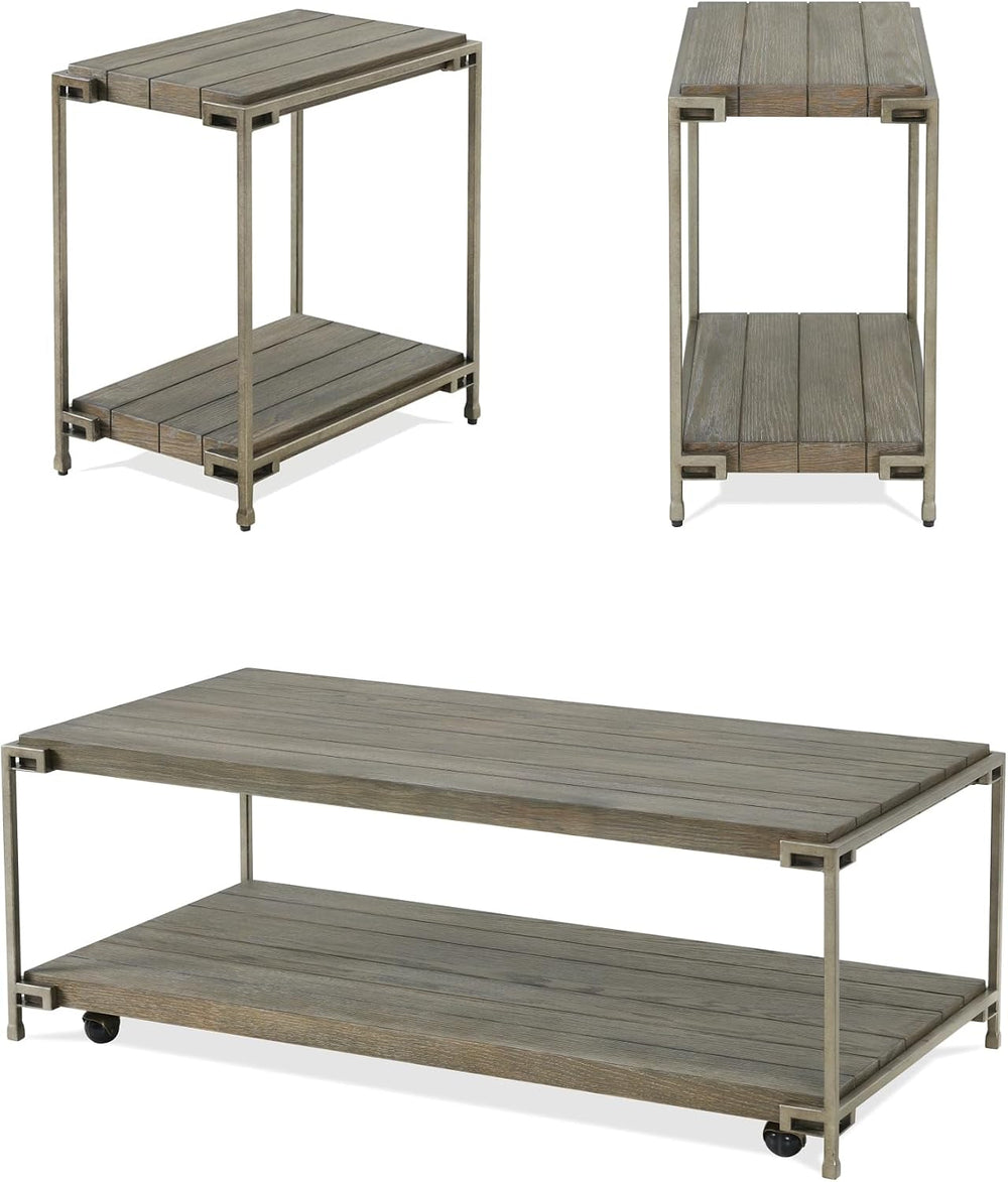 3-Piece Metal Frame Wood Coffee Table Set with Chairside Tables | Aged graphi...