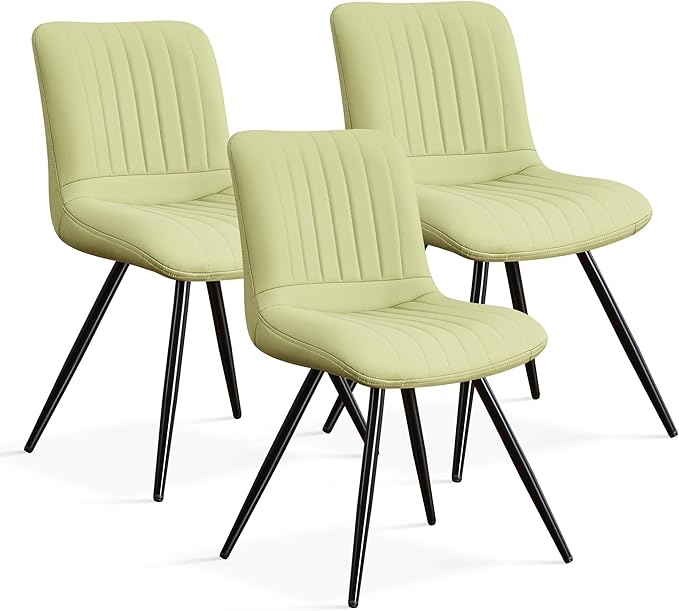 Dining Chairs Set of 3, Modern Dining Chairs with Thick Cushions, PU Leather Upholstered Kitchen Dining Room Chairs with Metal Legs for Dining Living Room (Green)