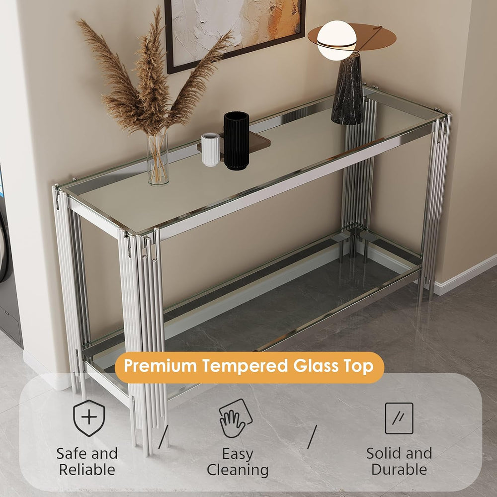 Modern Glass Entryway Table, 55" Long Console Table w/ 2 Tier Storage Sh...