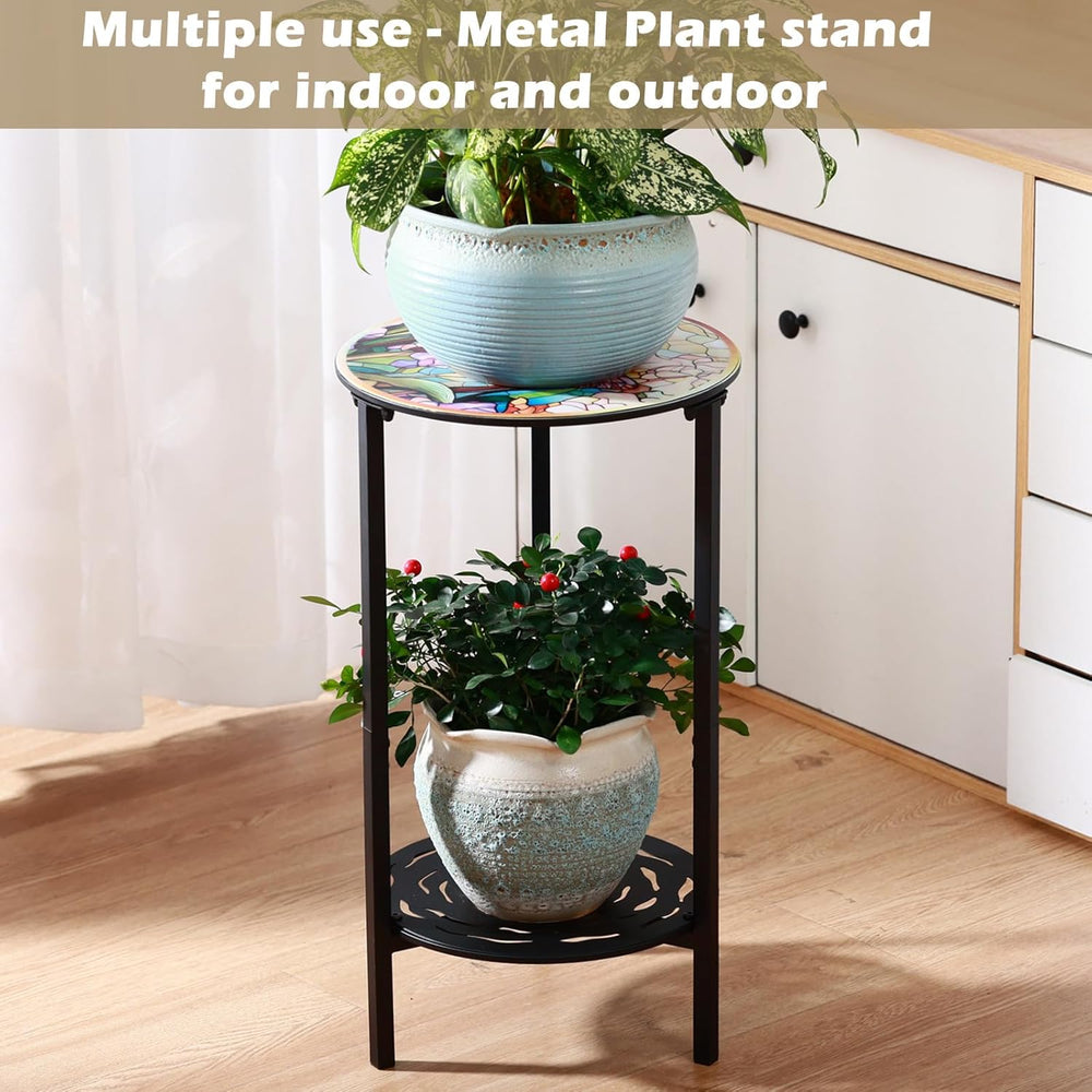 2-Tier Metal Round Side Table Black Accent Coffee Tables Small Space Corner P...