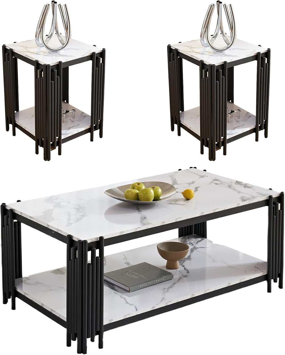 Marble Coffee Table Set of 3, Elegant White Faux Marble Coffee Table End Tabl...