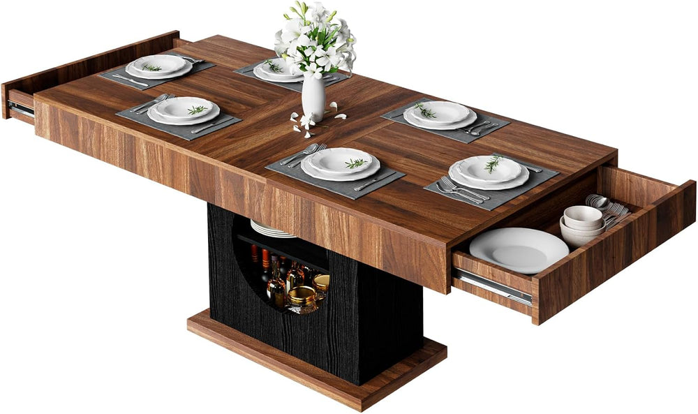 55" Dining Table for 4 to 6 People, Farmhouse Wood Dinner Table with Dra...