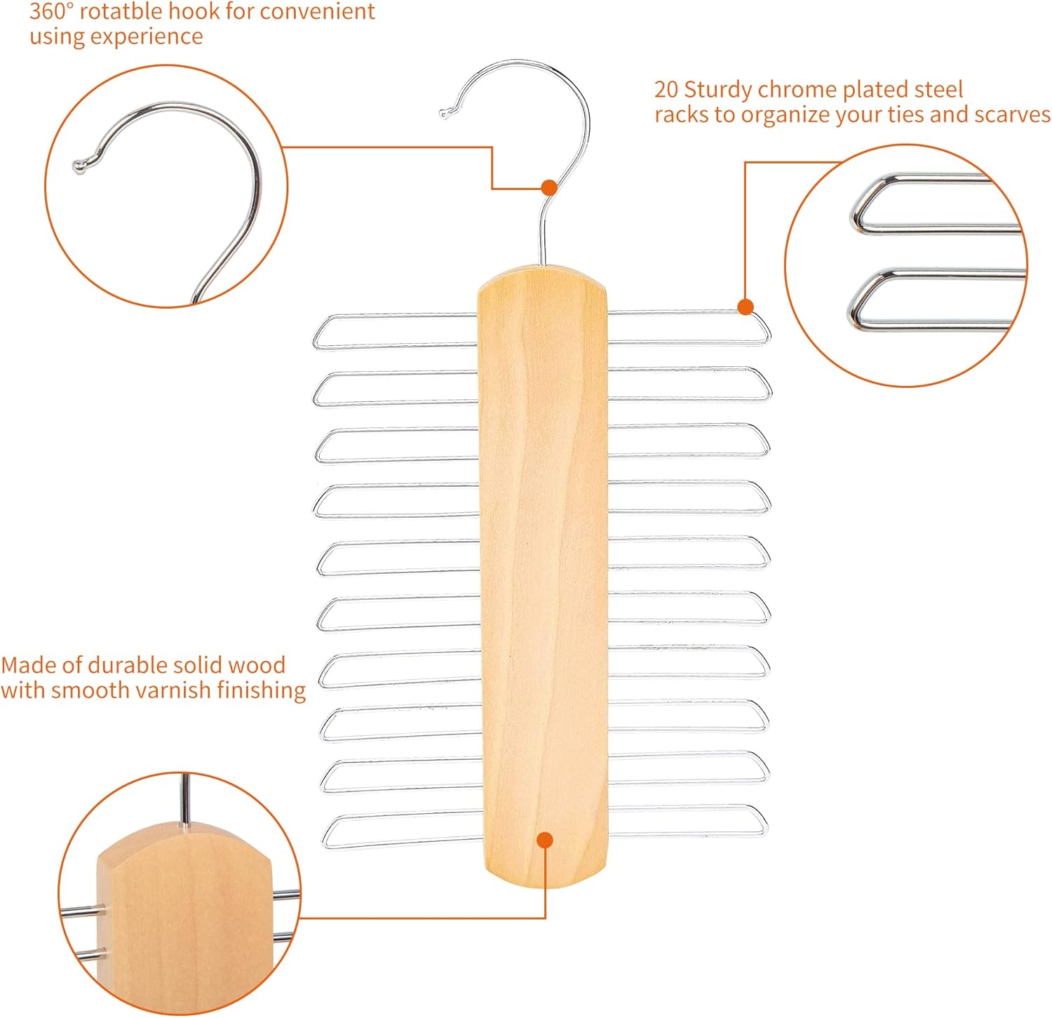 Amazon Basics 20 Bar Wooden Tie Hanger & Belt Rack, Closet Organizer, Natural, 2-Pack