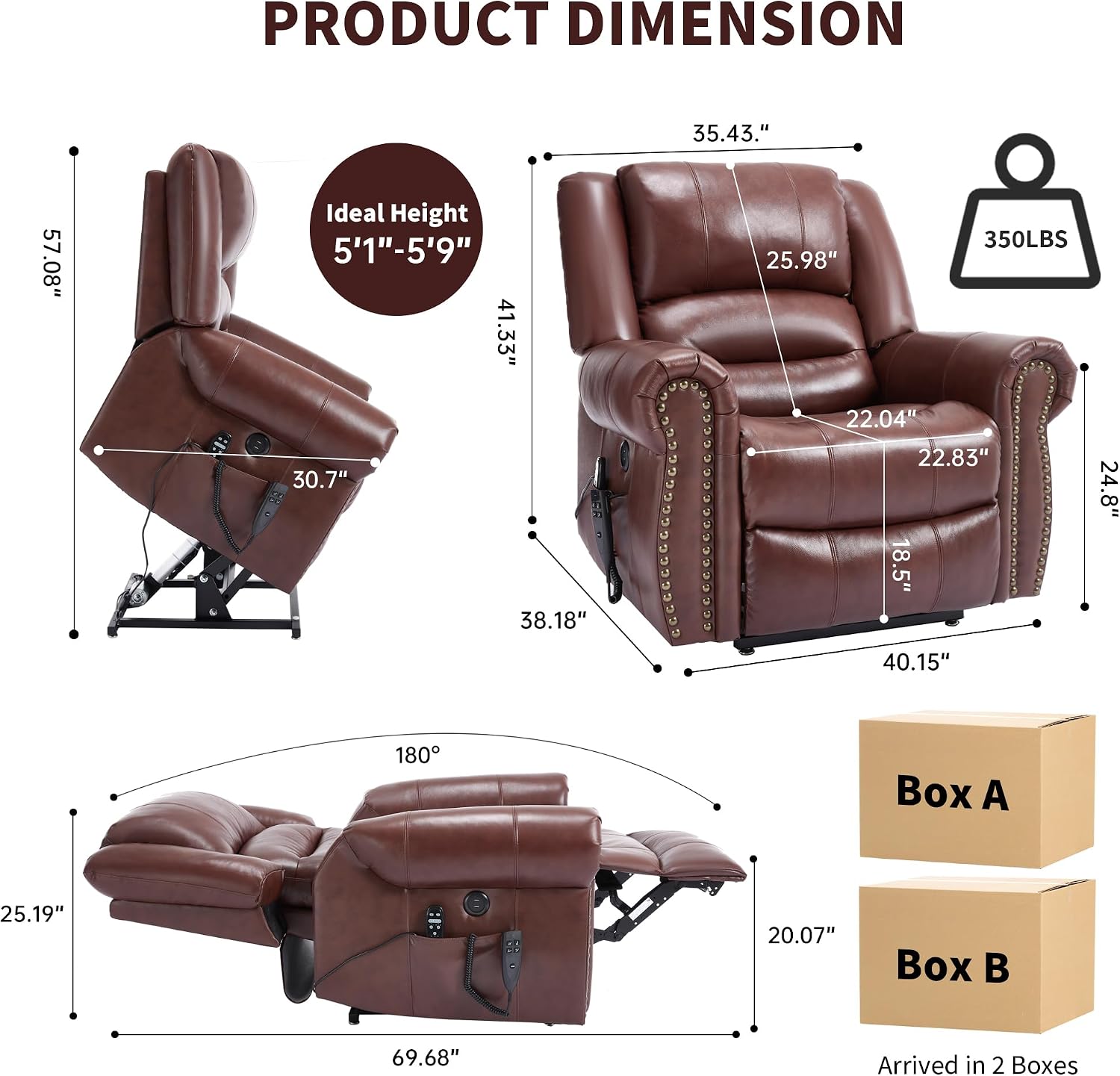 Genuine Leather Power Lift Recliner Chair, Lazy Boy Recliner Chair with Charging Ports for Living Room Theater Seating, Electric Single Sofa with Round Armrest, Red
