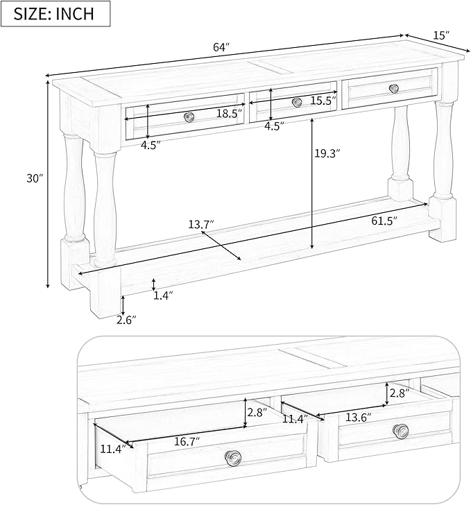 Merax 64" Classic Wood Console Table with Drawers and Bottom Shelf for Entryway Hallway Living Room (Espresso)