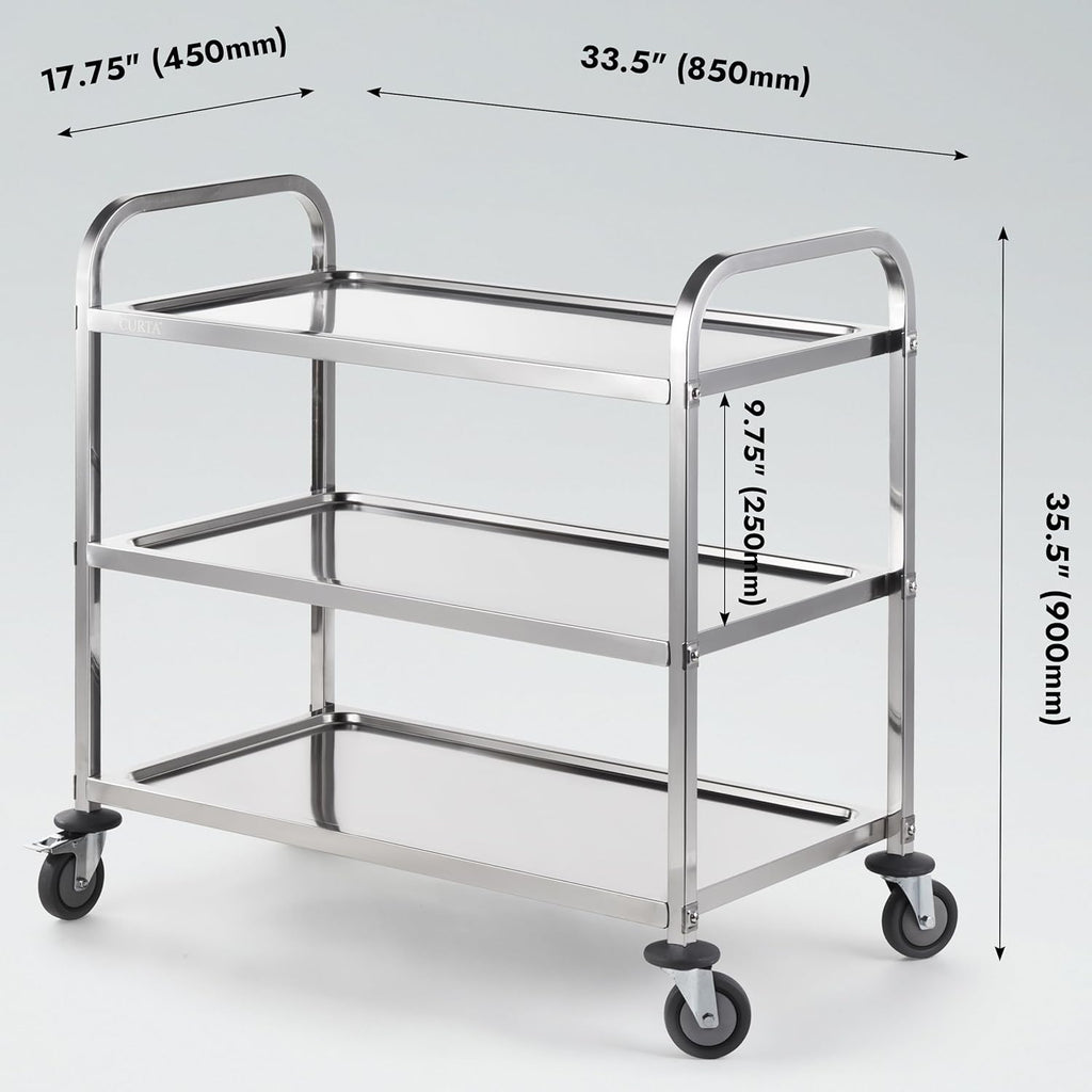 CURTA Stainless Steel Serving Trolley, 34" L x 18" W x 36" H 3 Tiered Shelf Kitchen Utility Cart, Rolling Casters Brake Wheel, Commercial Pro for Restaurant/Hotel/Lab/Clinic/Salon/Workshop