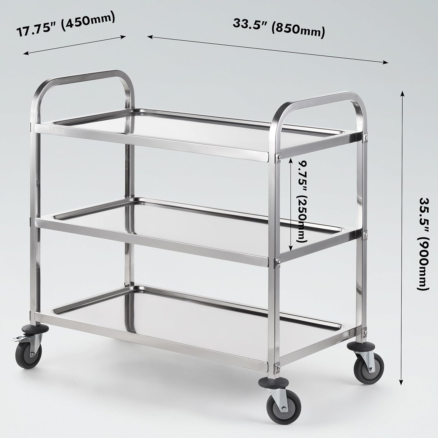 CURTA Stainless Steel Serving Trolley, 34" L x 18" W x 36" H 3 Tiered Shelf Kitchen Utility Cart, Rolling Casters Brake Wheel, Commercial Pro for Restaurant/Hotel/Lab/Clinic/Salon/Workshop