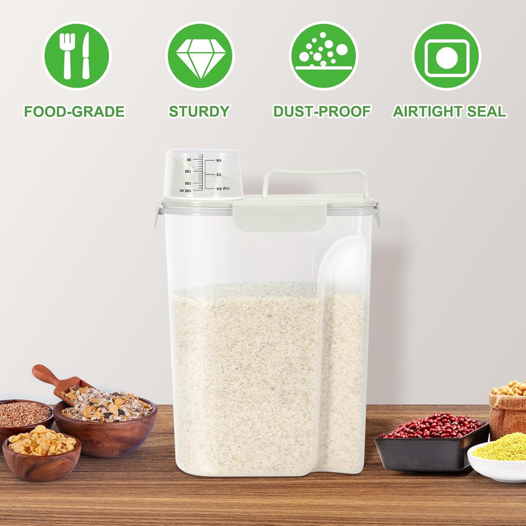 TBMax Airtight Rice Container 10 Lbs, Cereal Dispenser, Pet Cat Dog Food Storage Container, Plastic Kitchen Pantry Food Storage Holder with Cup -Beige