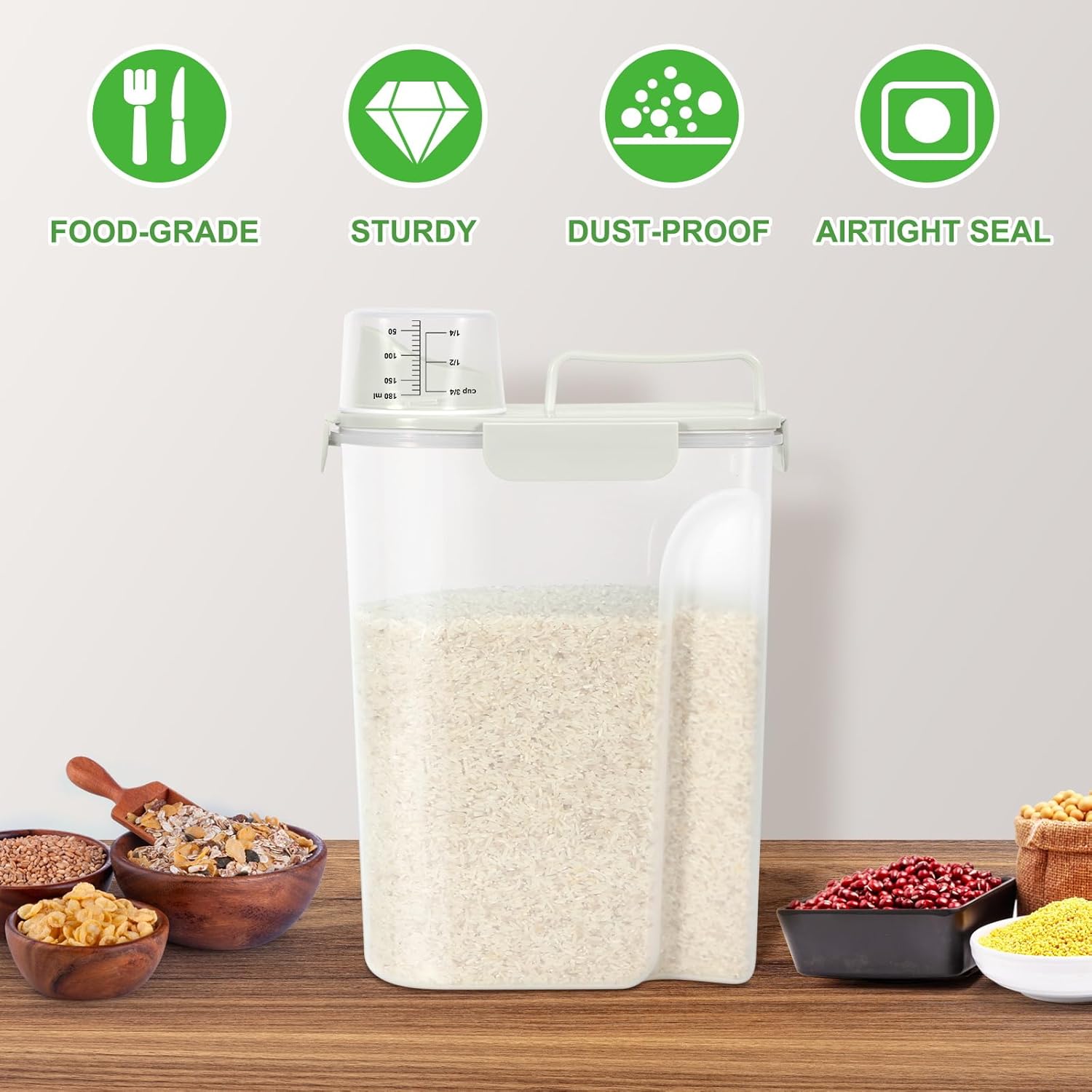 TBMax Airtight Rice Container 10 Lbs, Cereal Dispenser, Pet Cat Dog Food Storage Container, Plastic Kitchen Pantry Food Storage Holder with Cup -Beige